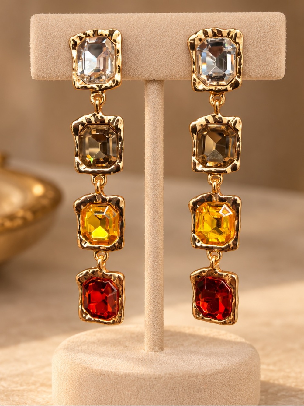 Gold Multi-Gem Drop Earrings in Clear, Smoky, Yellow & Red